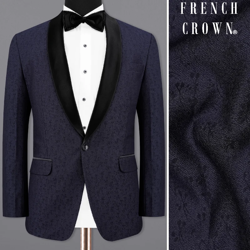 Bleached Cedar Navy Blue Ditzy Textured With Black Lapel Tuxedo Blazer