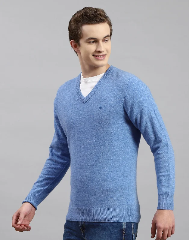 Men Blue Solid V Neck Full Sleeve Pullover