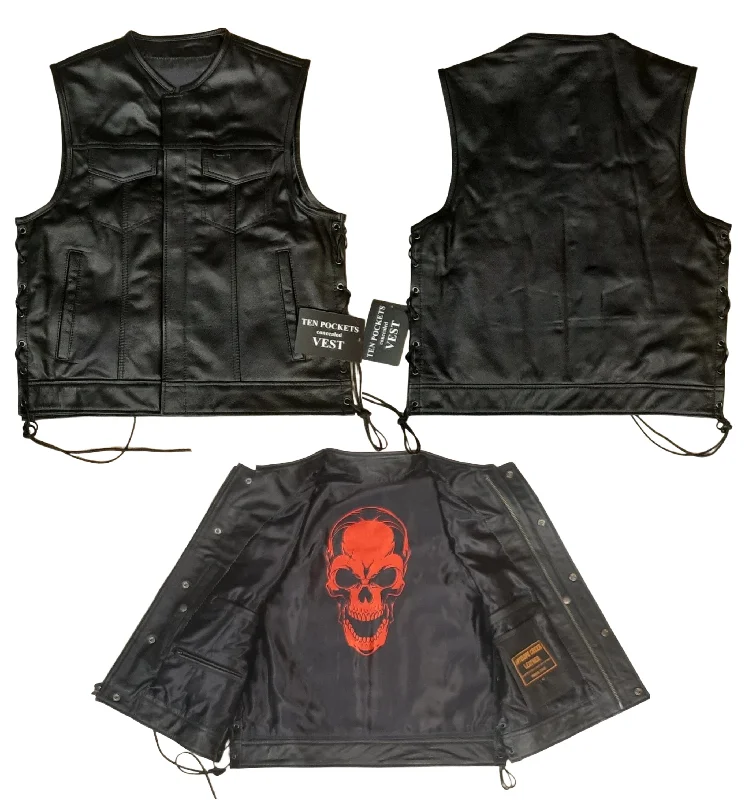 Men's Club Style Leather Vest with Red Skull on Inside Lining 525 MV SK